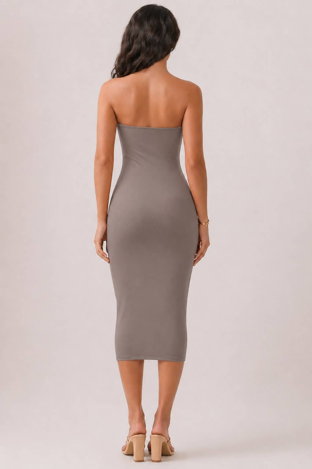TAUPE TUBE MIDI DRESS: