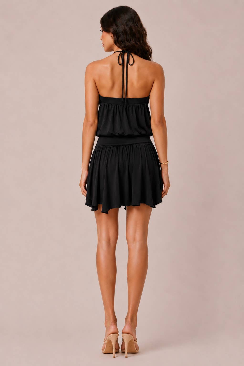 HALTER NECK HARDWARE  DROP WAIST HANDKERCHIEF DRESS: BLACK