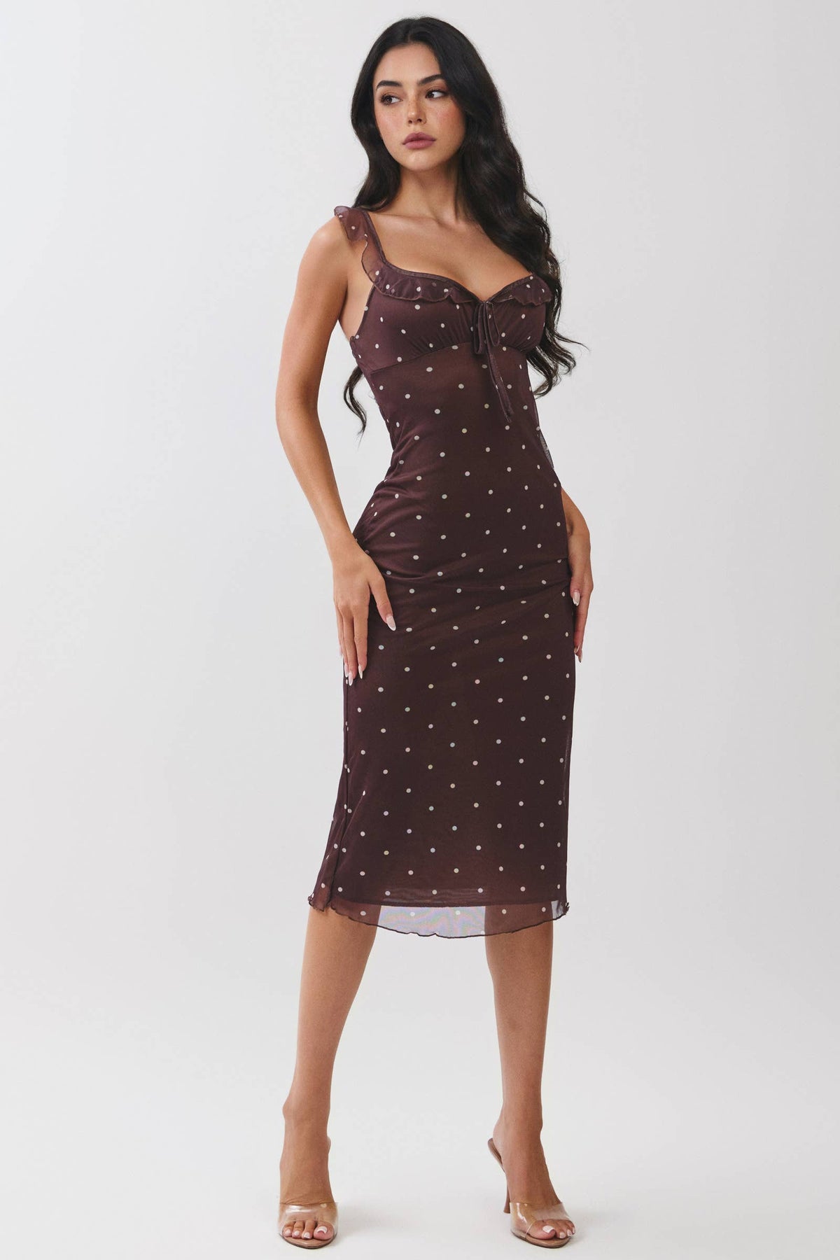 TIE FRONT MESH MIDI DRESS WITH RUFFLES : NEW BROWN POLKA DOT