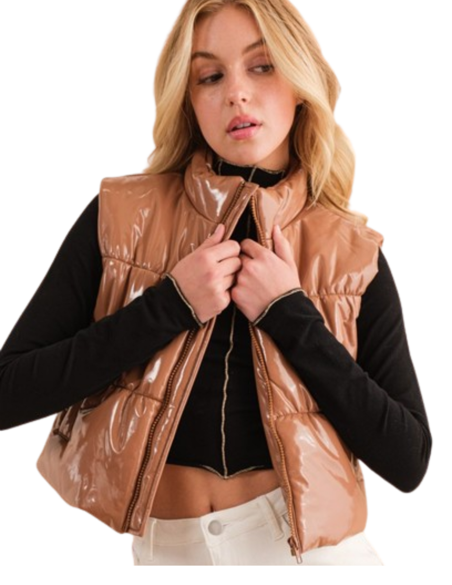 Gloss Shiny Quilted Puffer Zip Up Crop Vest