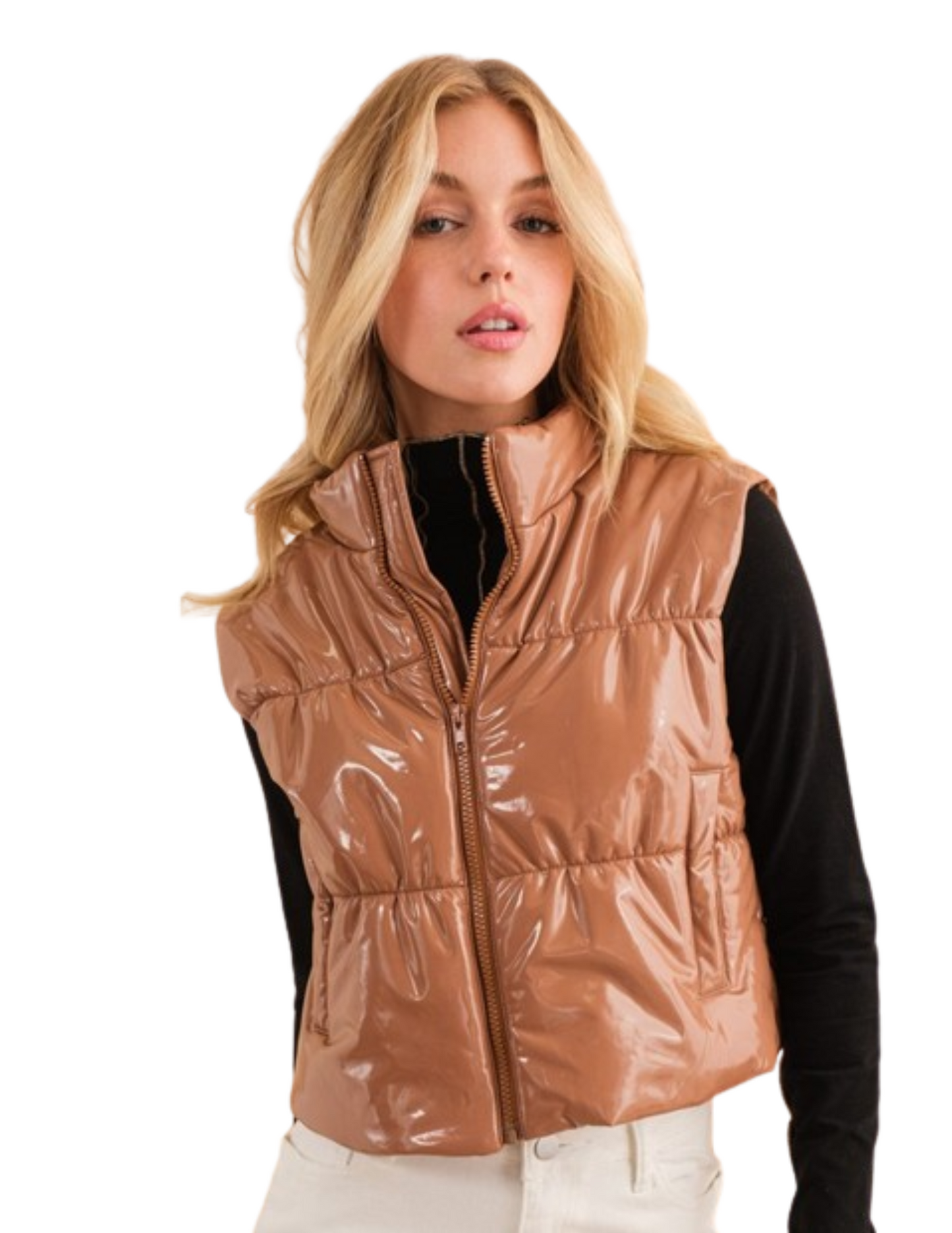 Gloss Shiny Quilted Puffer Zip Up Crop Vest