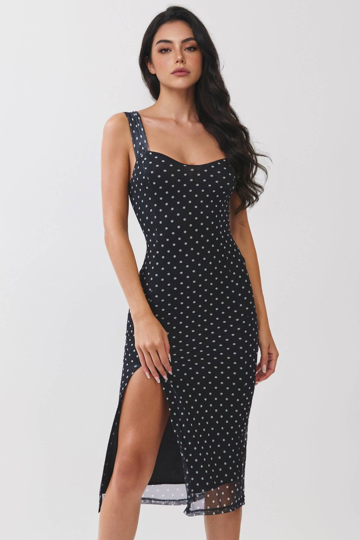 SWEETHEART BUSTIER PRINT MIDI DRESS: BLACK SOFT WHITE POLKA DOT