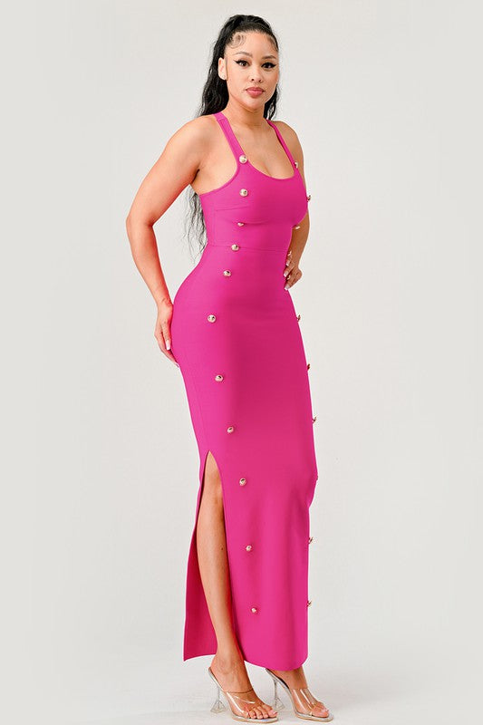 Hot Pink Bandage Button Detail Maxi Dress