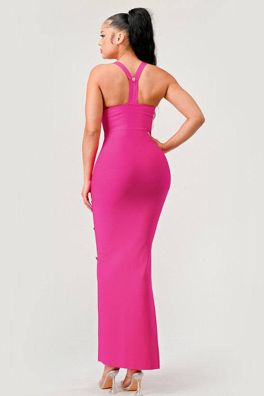 Hot Pink Bandage Button Detail Maxi Dress