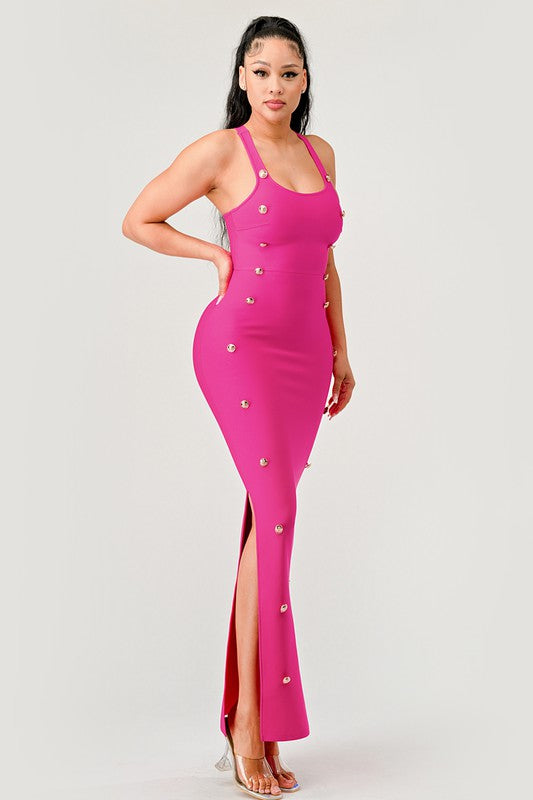 Hot Pink Bandage Button Detail Maxi Dress