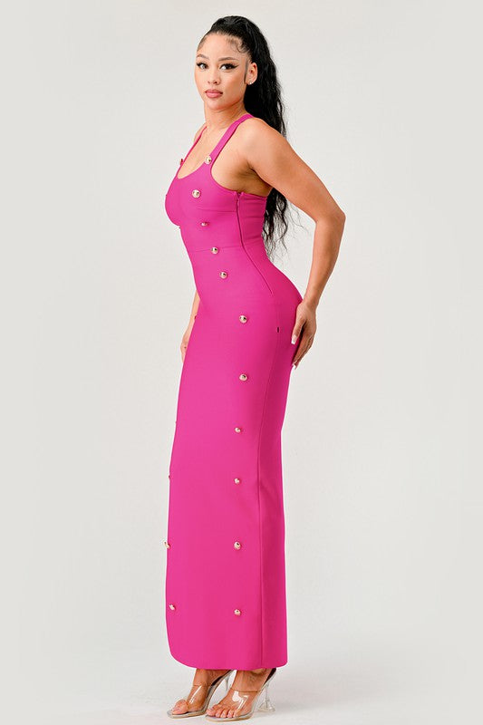 Hot Pink Bandage Button Detail Maxi Dress