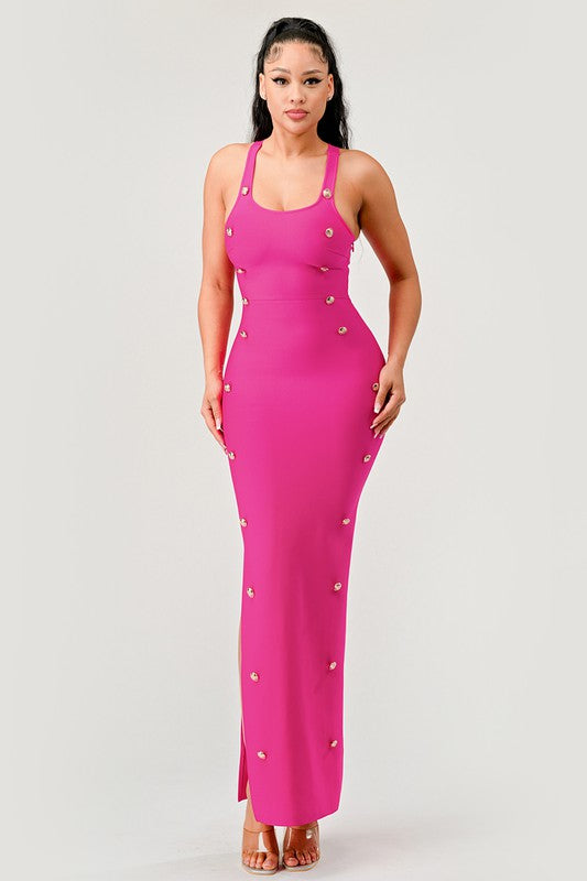 Hot Pink Bandage Button Detail Maxi Dress