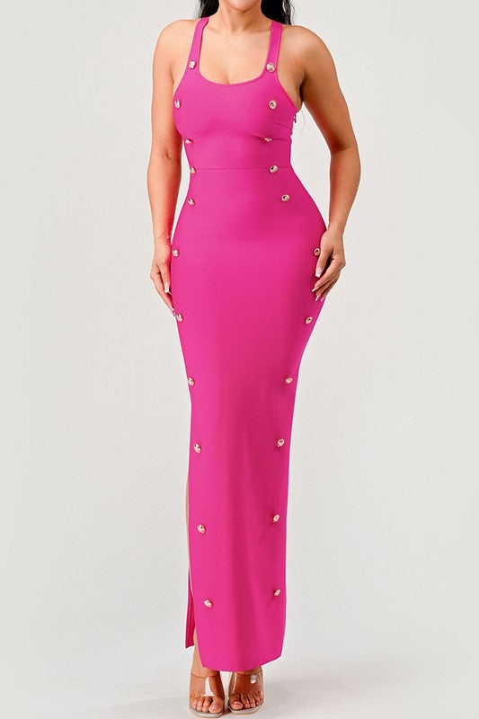 Hot Pink Bandage Button Detail Maxi Dress