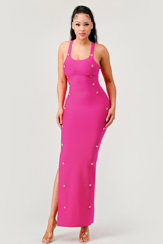 Hot Pink Bandage Button Detail Maxi Dress