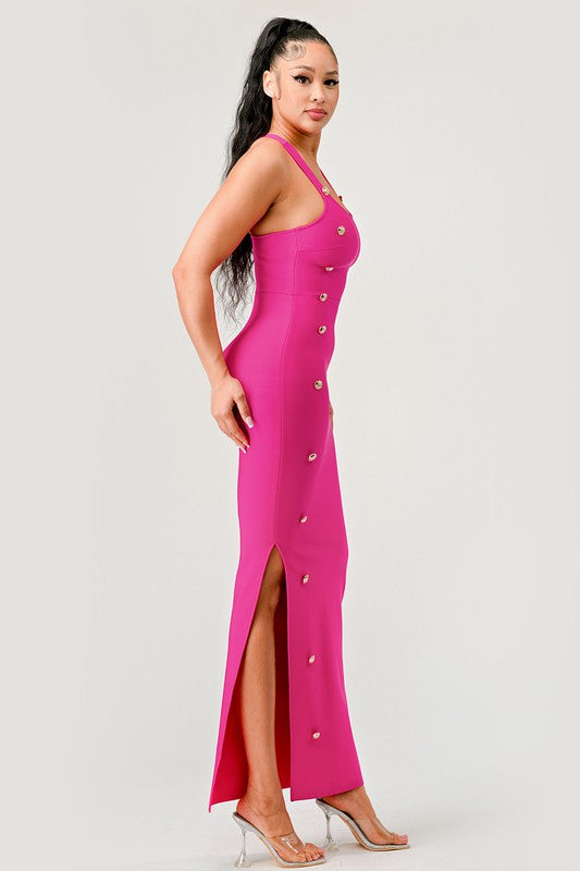 Hot Pink Bandage Button Detail Maxi Dress