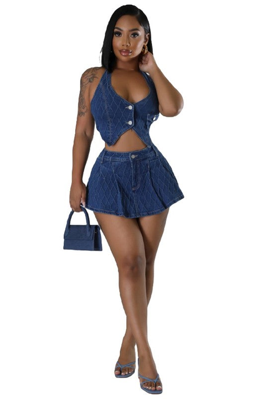 DENIM TWO PIECE SHORT SET