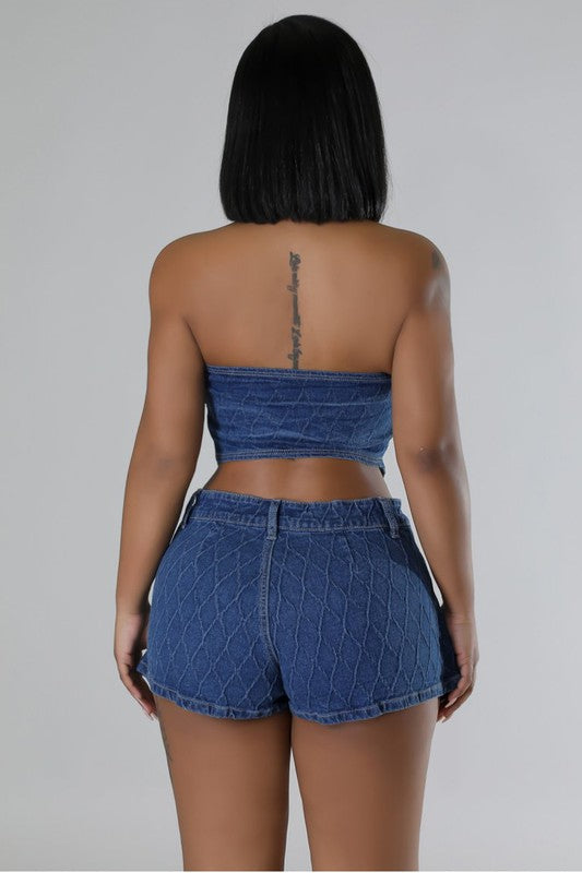 DENIM TWO PIECE SHORT SET