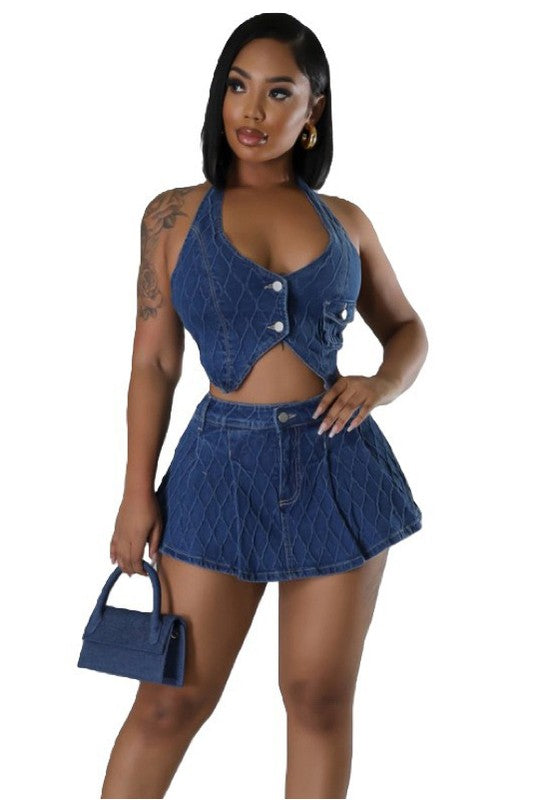 DENIM TWO PIECE SHORT SET