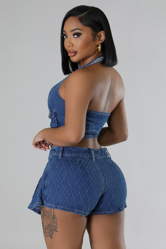 DENIM TWO PIECE SHORT SET