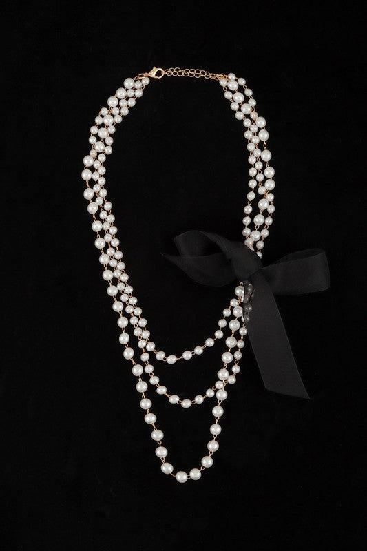 Ribbon and Pearl Beaded Layered Chain Necklace