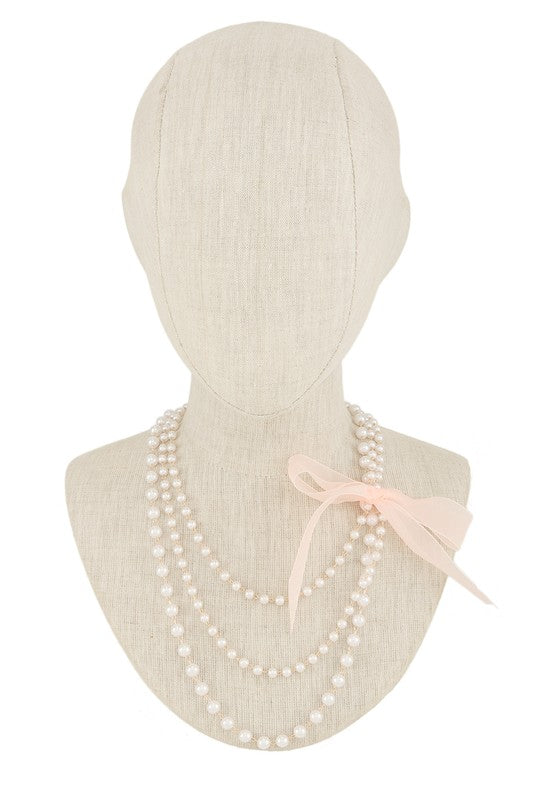 Ribbon and Pearl Beaded Layered Chain Necklace