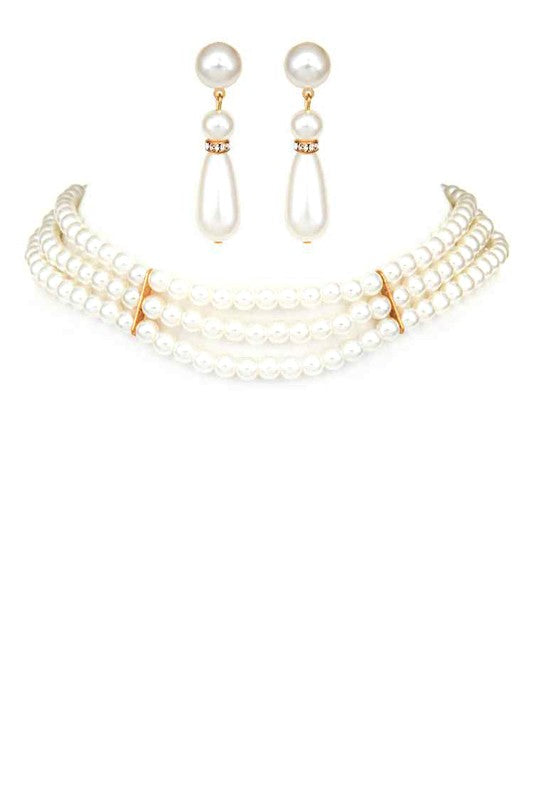 3 Strands Pearl Choker Necklace Set