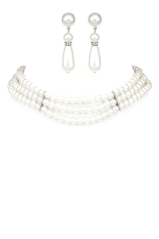 3 Strands Pearl Choker Necklace Set