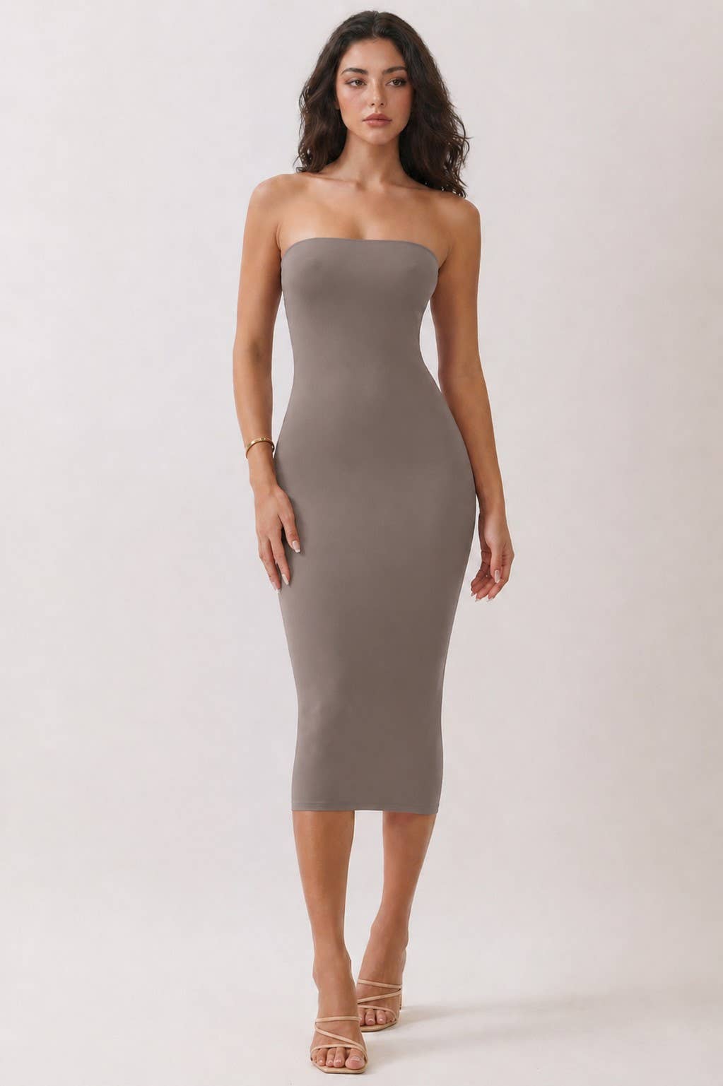 TAUPE TUBE MIDI DRESS: