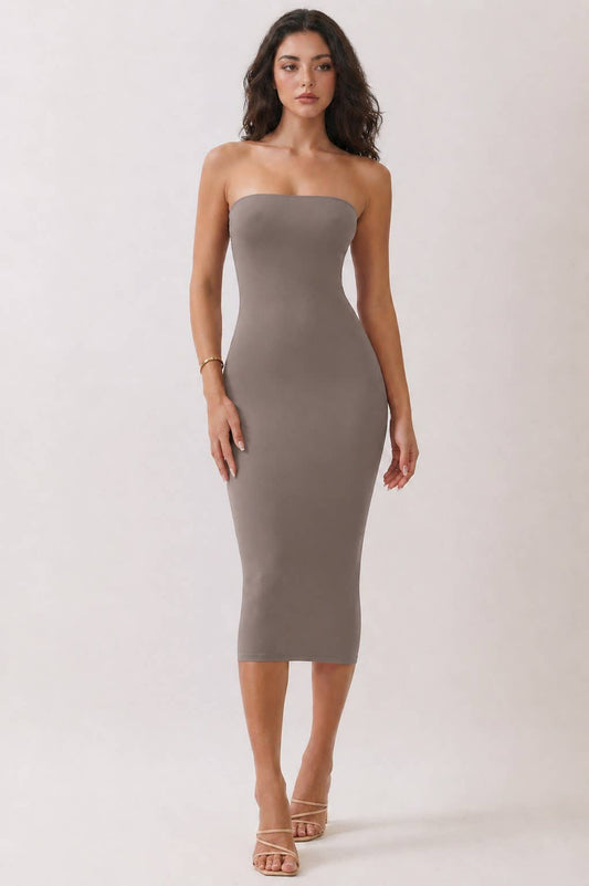 TAUPE TUBE MIDI DRESS: