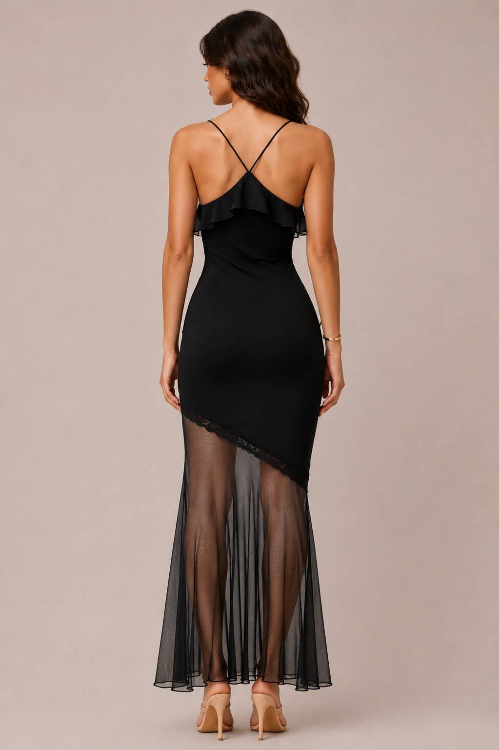 V-NECK CAMI TIE FRONT KEYHOLE ASYMMETRICAL TIERED: BLACK