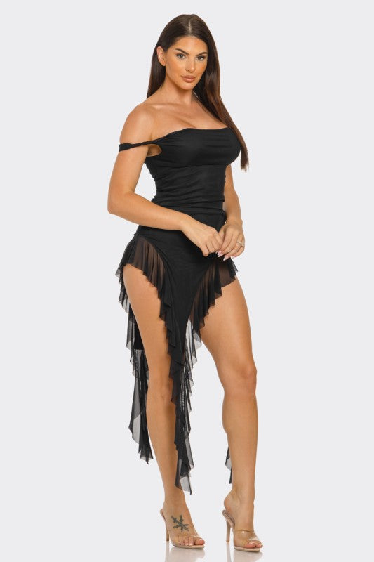 Mesh Twist Shoulder Asymmetrical Ruffle Top