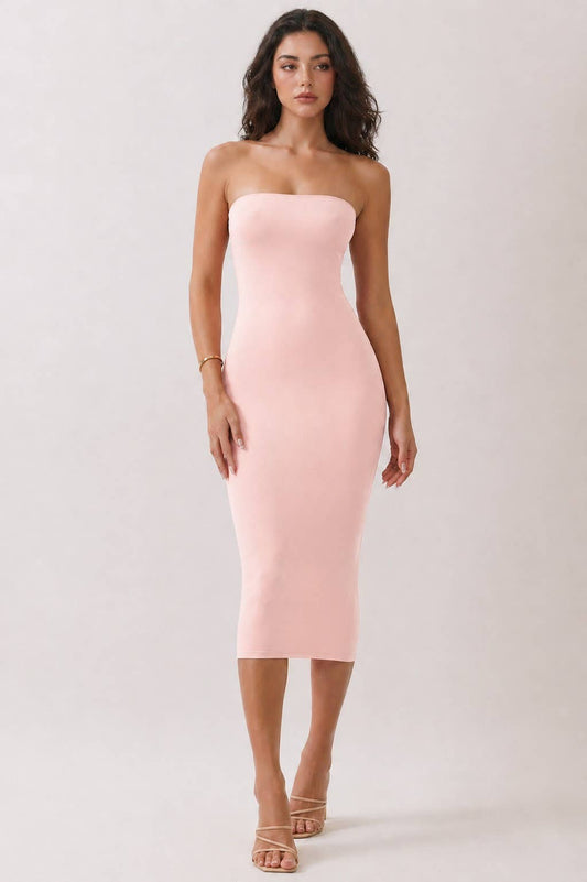SILKY PINK TUBE MIDI DRESS: