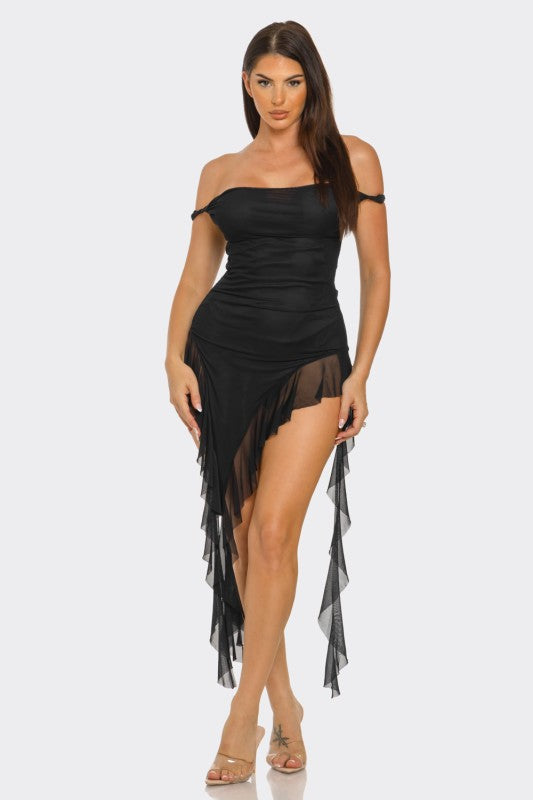 Mesh Twist Shoulder Asymmetrical Ruffle Top