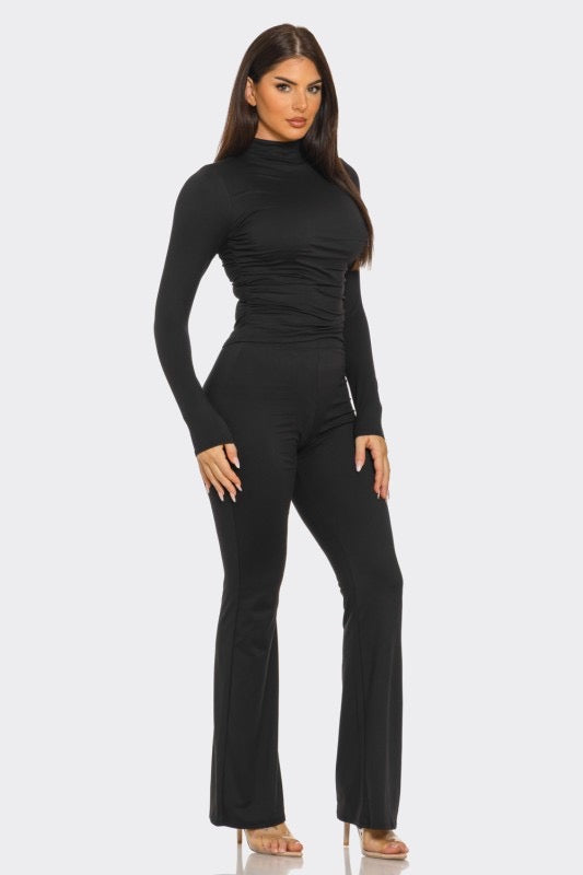 Mock Neck Shirring Top & Flare Leggings Set