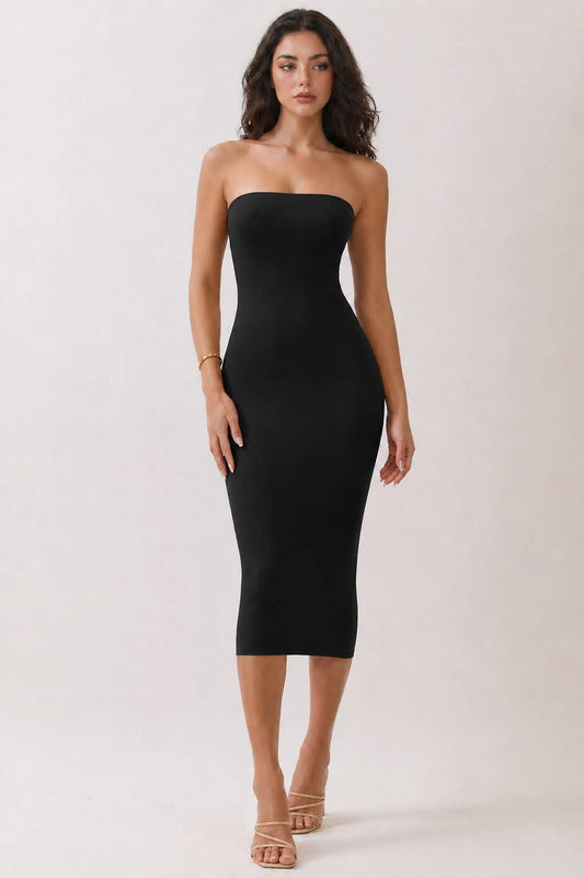 DOUBLE LAYERED TUBE MIDI DRESS: BLACK