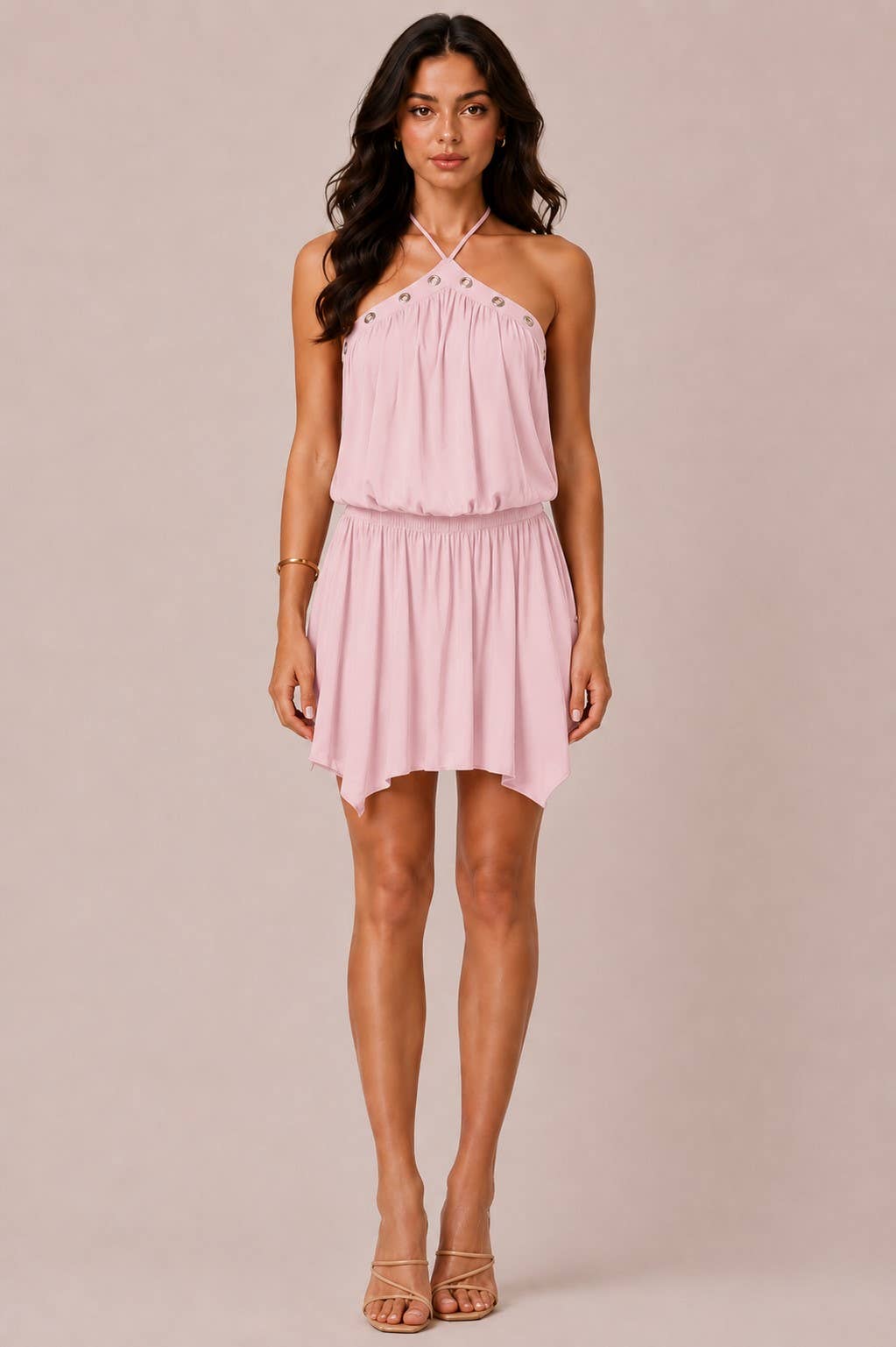 HALTER NECK HARDWARE  DROP WAIST HANDKERCHIEF DRESS: BLACK