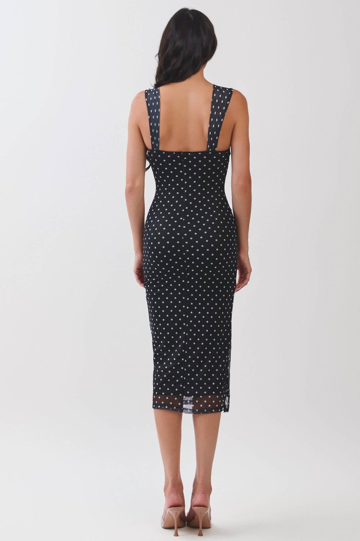 SWEETHEART BUSTIER PRINT MIDI DRESS: BLACK SOFT WHITE POLKA DOT