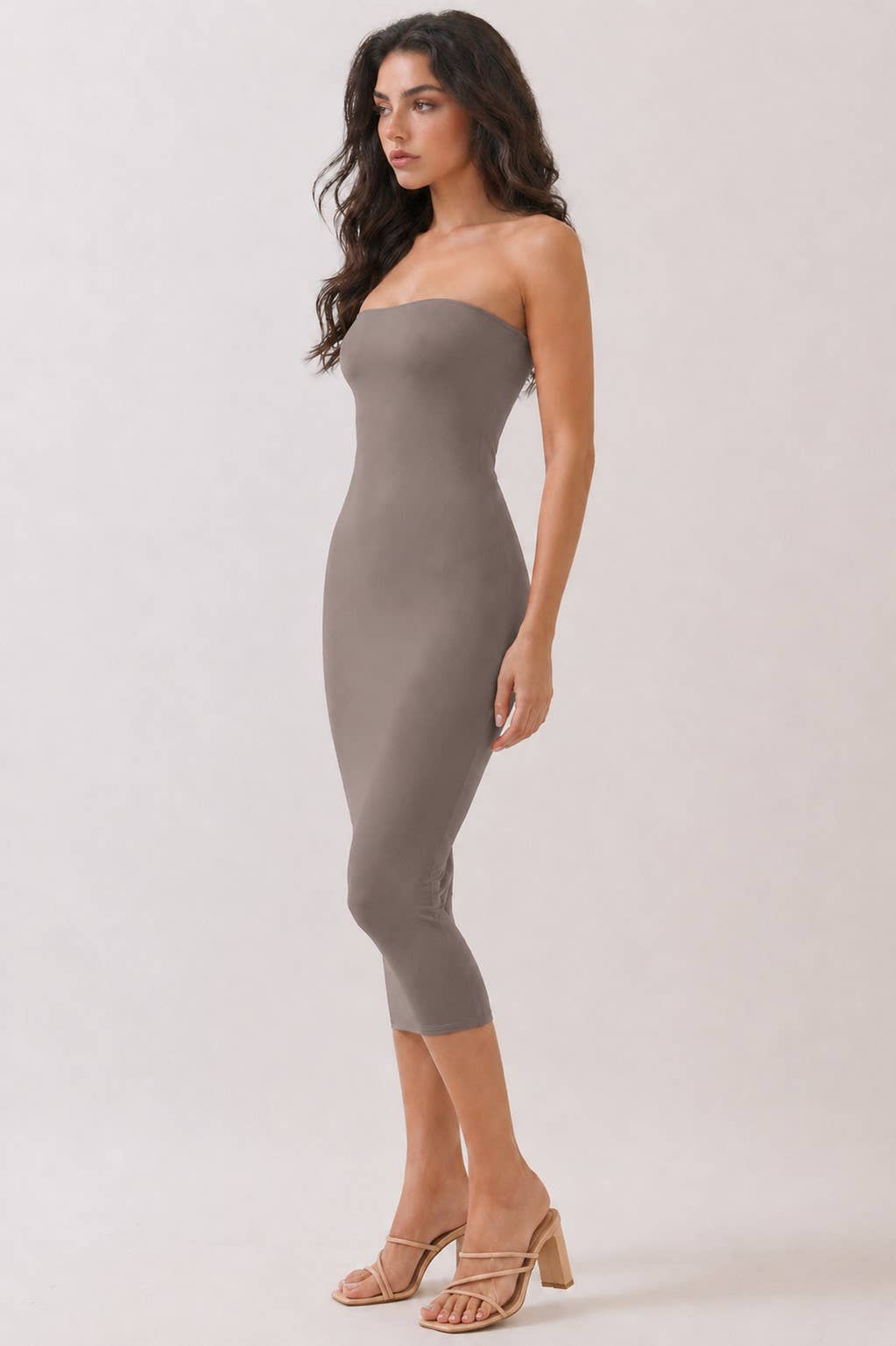 TAUPE TUBE MIDI DRESS: