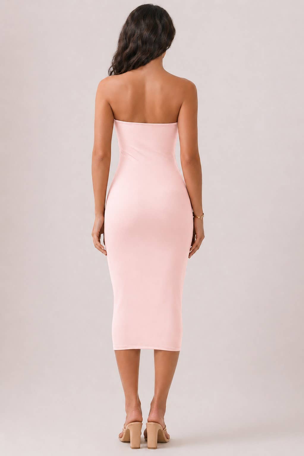 SILKY PINK TUBE MIDI DRESS: