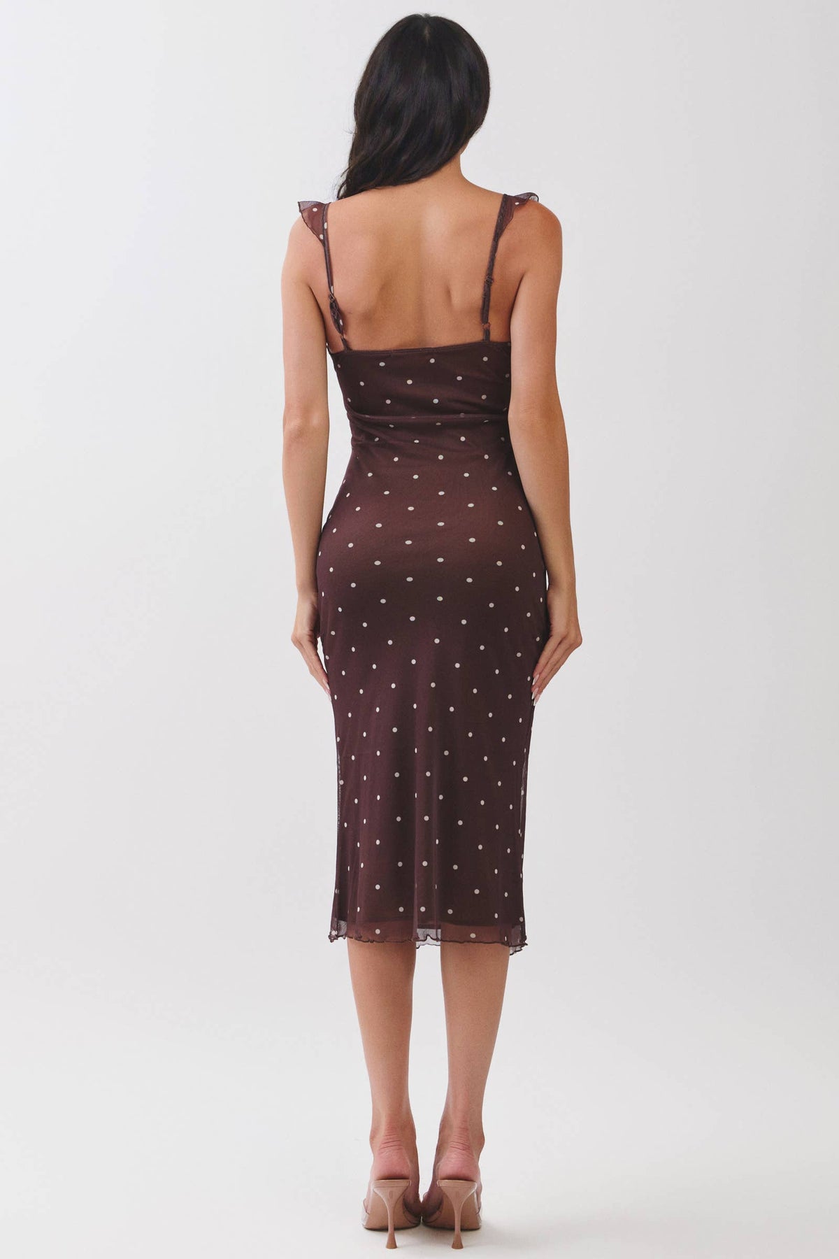 TIE FRONT MESH MIDI DRESS WITH RUFFLES : NEW BROWN POLKA DOT