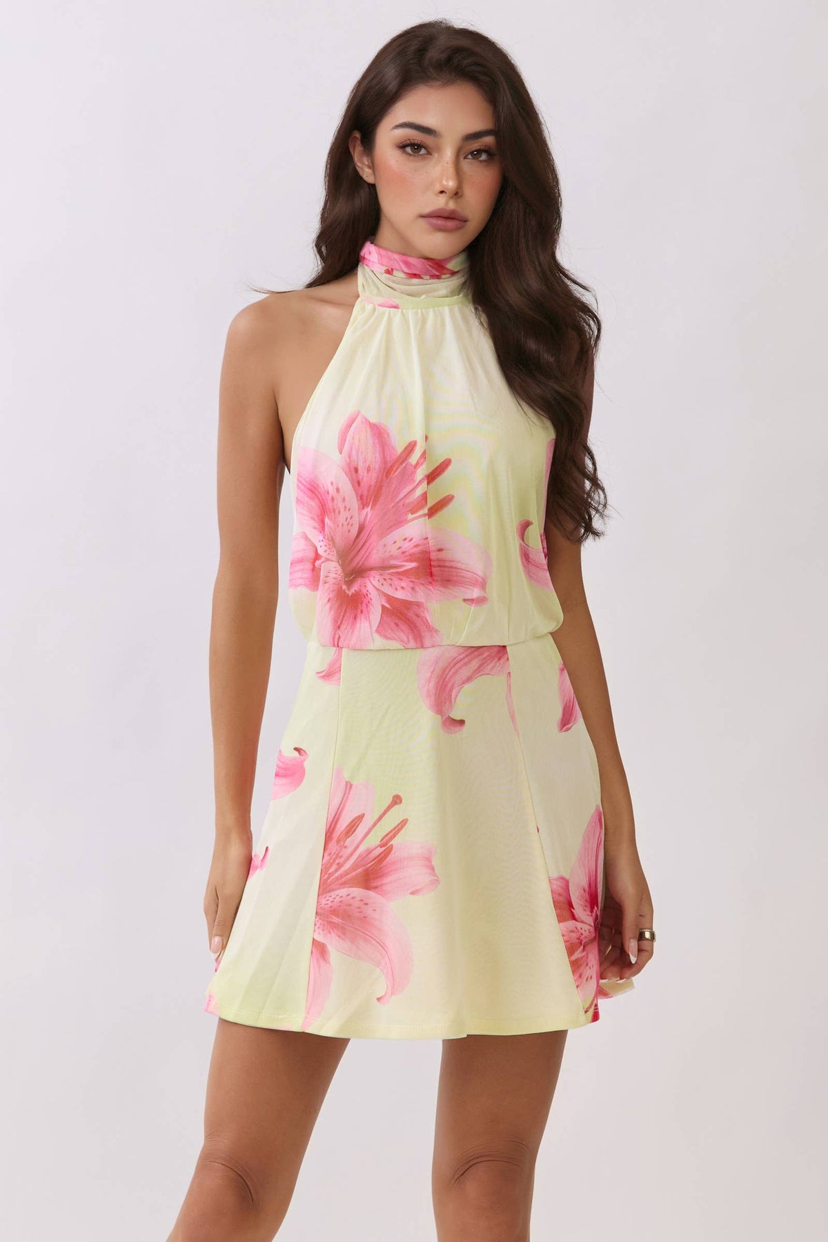 MESH LINED HALTER LOW BACK SKATER DRESS: LEMON COCKAIL LILY / S-M-L/2-2-2