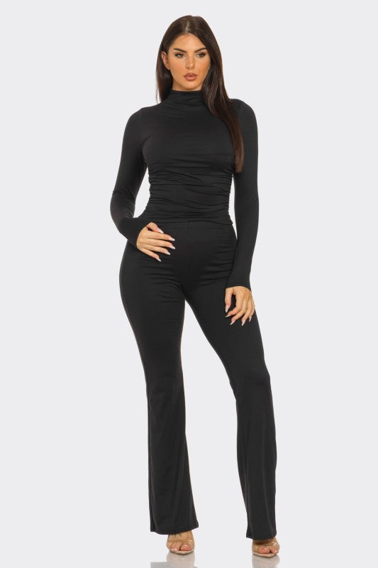 Mock Neck Shirring Top & Flare Leggings Set