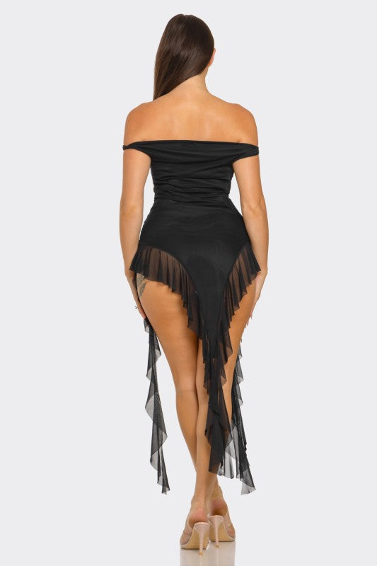 Mesh Twist Shoulder Asymmetrical Ruffle Top