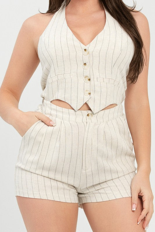 Striped Button Vest Halter Tie Romper