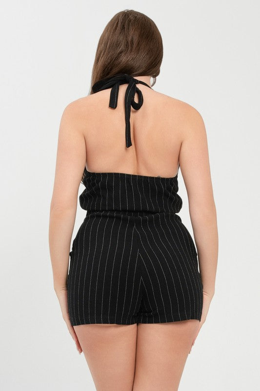 Striped Button Vest Halter Tie Romper