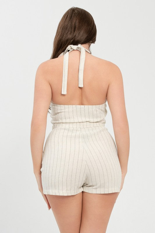 Striped Button Vest Halter Tie Romper