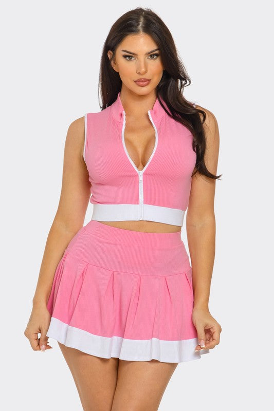Zipper Crop Top & Pleated Mini Skirt Set