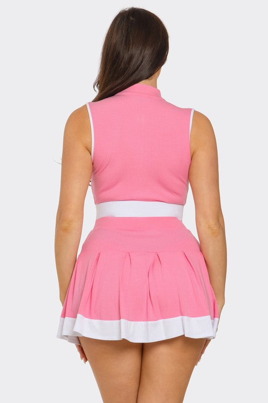 Zipper Crop Top & Pleated Mini Skirt Set