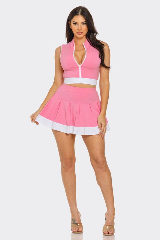 Zipper Crop Top & Pleated Mini Skirt Set