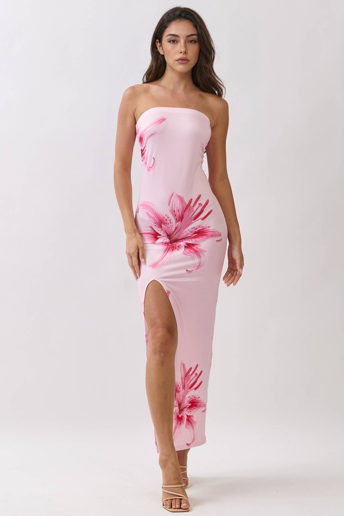 PRINTED FRONT SIDE SLIT TUBE MAXI DRESS: BLUSHE CREAM LILY