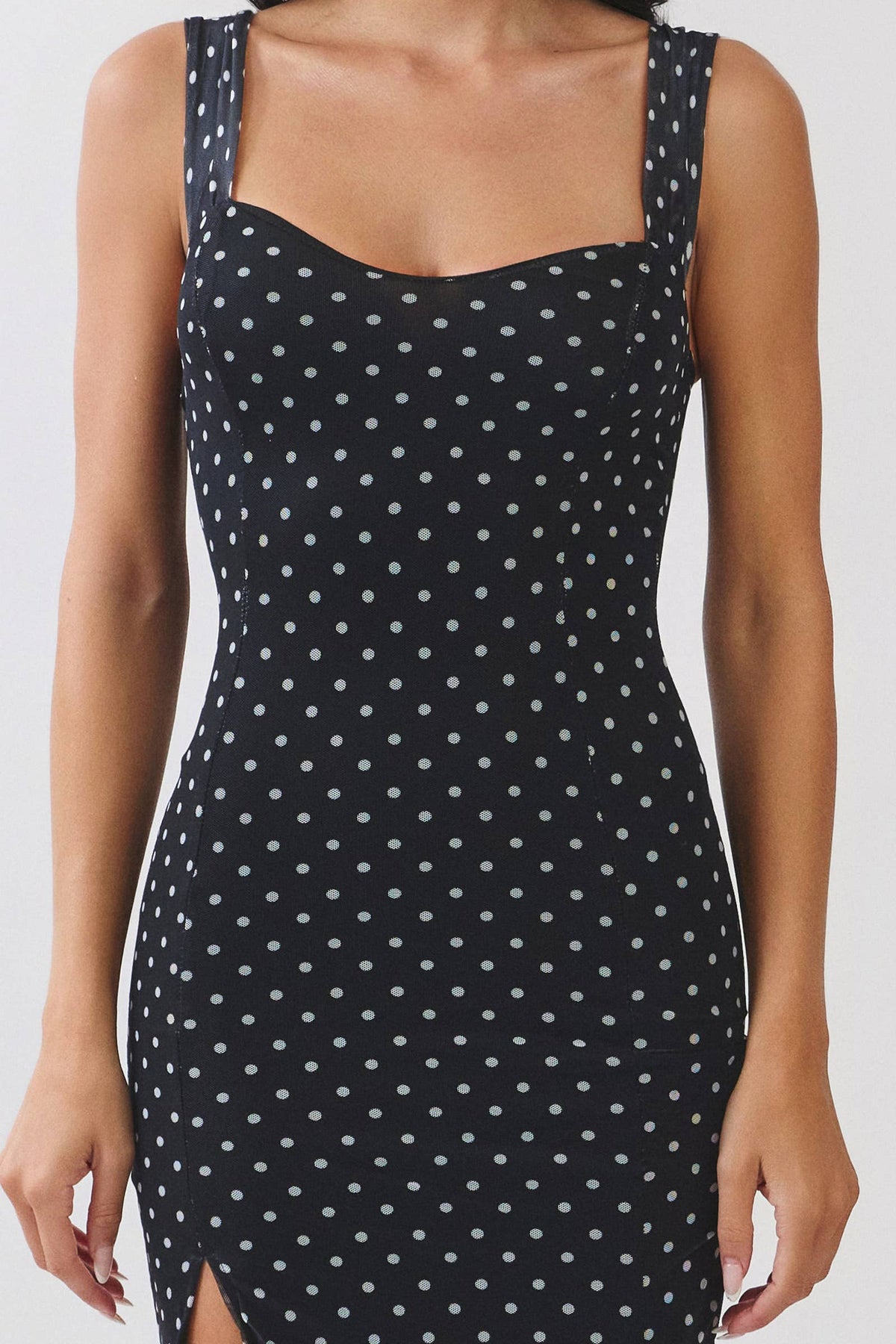 SWEETHEART BUSTIER PRINT MIDI DRESS: BLACK SOFT WHITE POLKA DOT