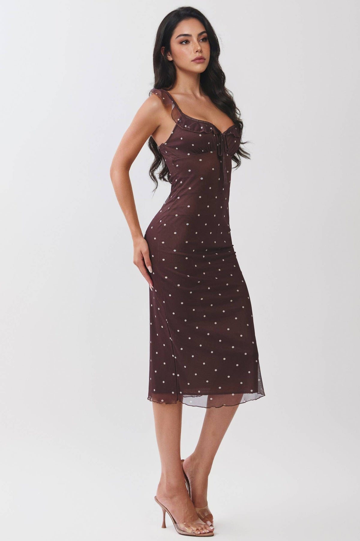 TIE FRONT MESH MIDI DRESS WITH RUFFLES : NEW BROWN POLKA DOT