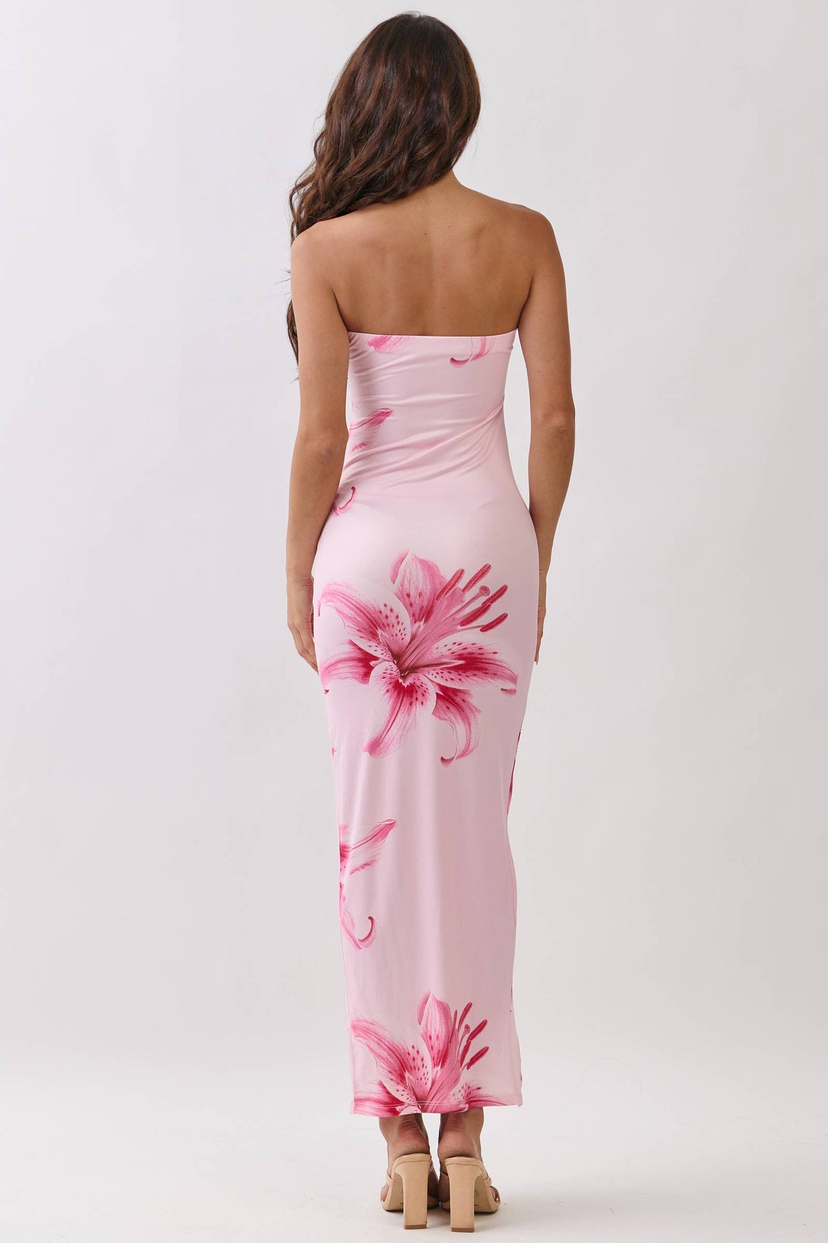 PRINTED FRONT SIDE SLIT TUBE MAXI DRESS: BLUSHE CREAM LILY